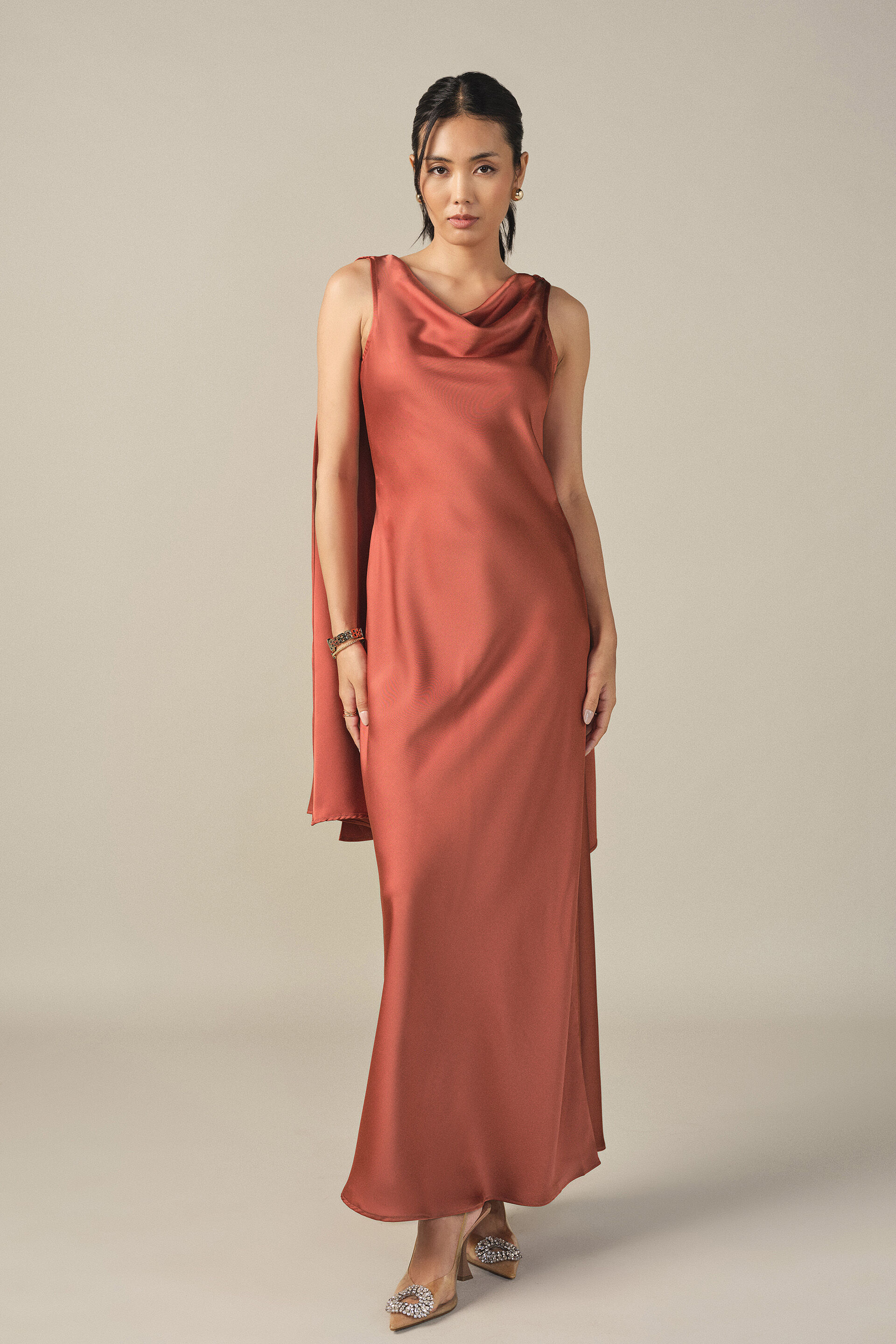 Cowl Maxi Satin Gown in Rust